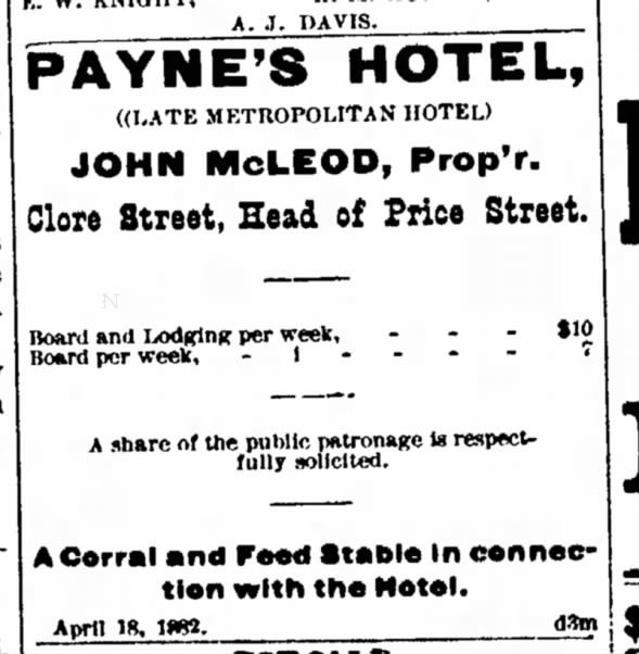 Payne's Hotel owned by John McLeod in 1882